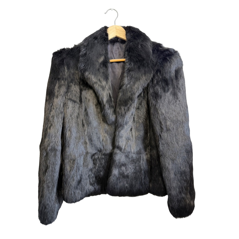 Vintage 80s Rabbit Fur Jacket L Black Genuine Fur Coat Satin Lined Mob Wife Glam